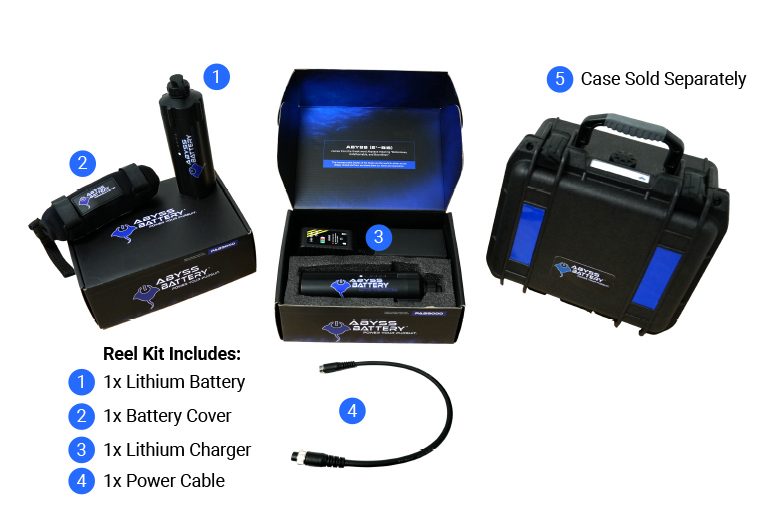 Abyss reel kit: battery, cover, charger and power cable (hard case sold separately)