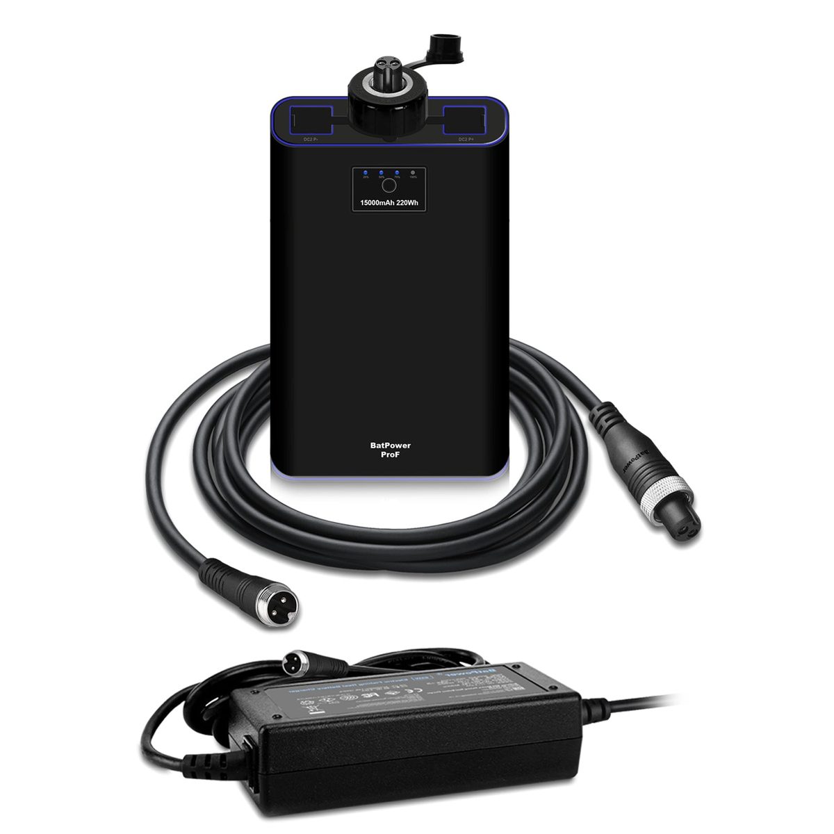 BatPower ProF 15Ah for Daiwa and Shimano reels, with cord and charger (third-party, not a Shimano battery)