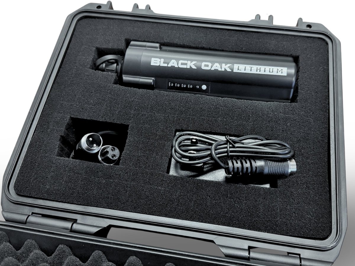 Black Oak waterproof case with battery, cord and connectors