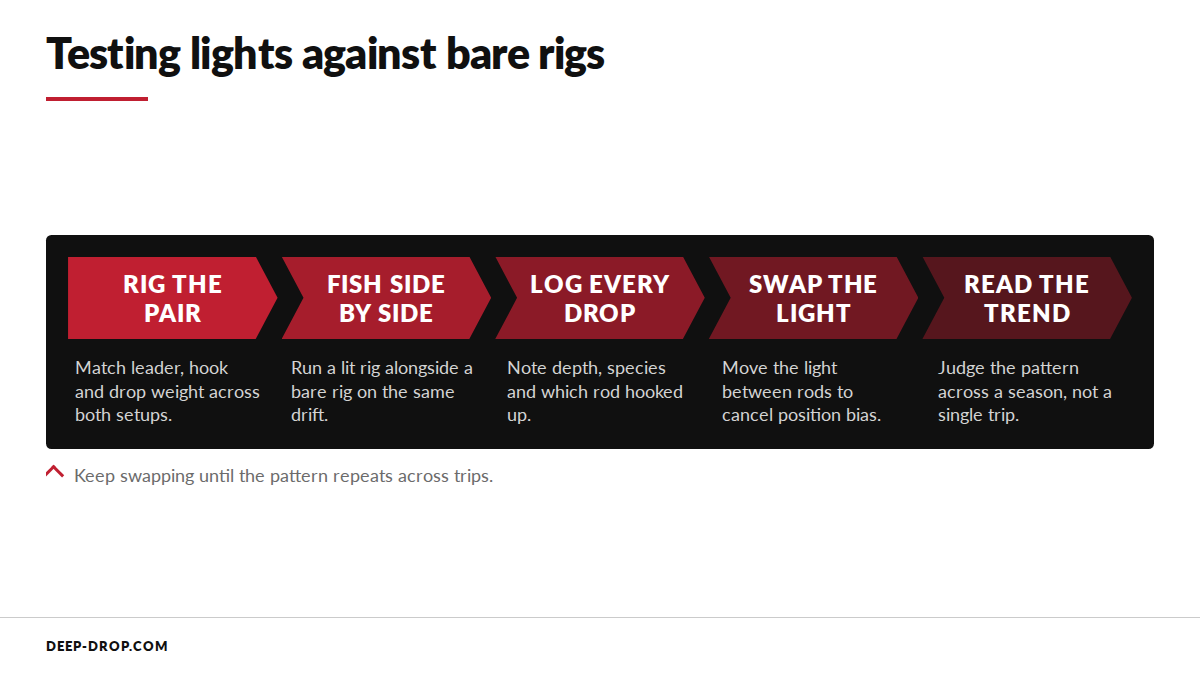 A flow diagram showing how to compare a lit deep drop rig against a bare rig on the same drift