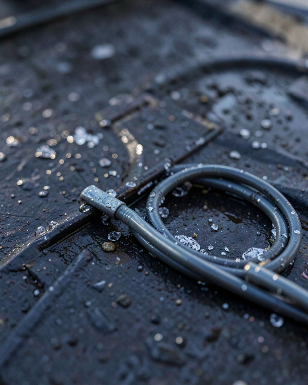 A sealed light housing and a coiled leader resting on a wet deck in low light