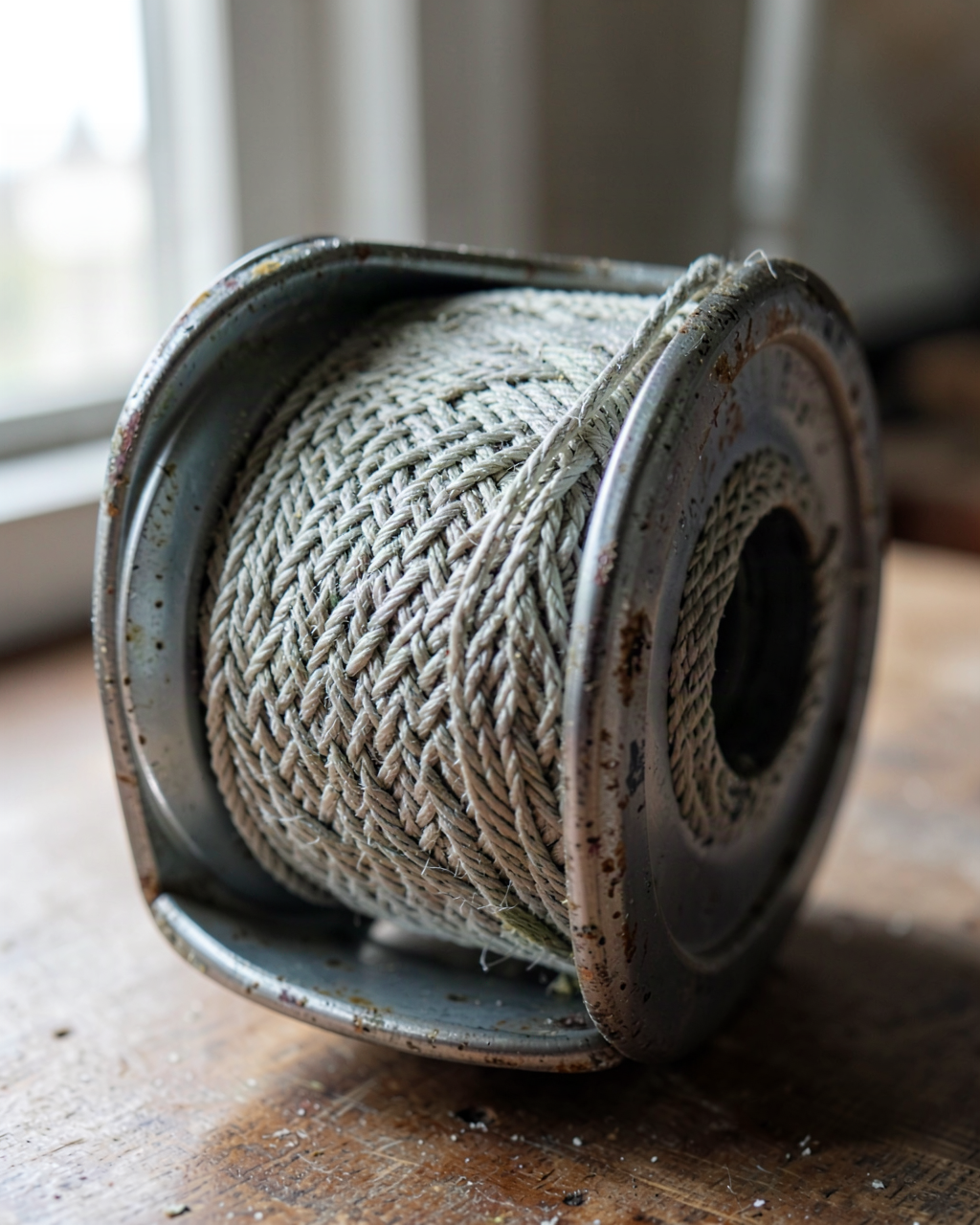 Close detail of heavy braided line wound onto a polished metal spool, the weave catching low light
