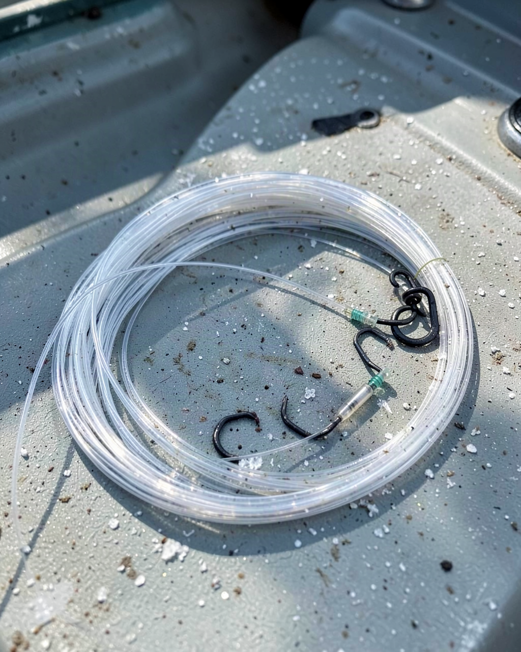 Portrait detail of a deep drop rig's hooks, leader and glow tube on a boat deck