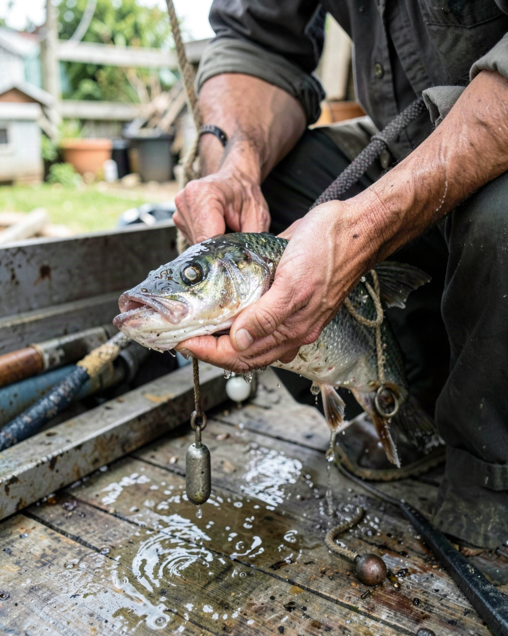 A close portrait of hands holding the lower jaw of a bloated deep-caught fish beside a weighted descender line