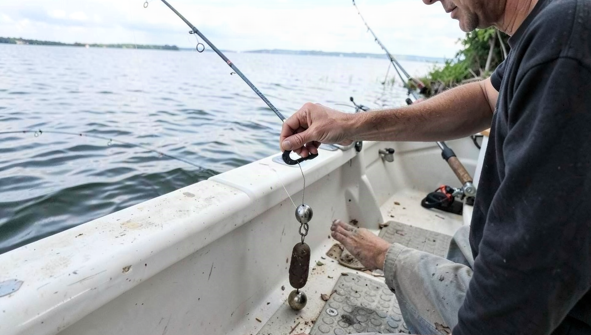 A person aboard a small boat lowering a weighted descender rig over the gunwale